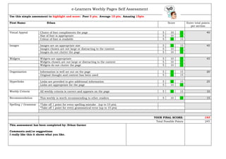 e-Learners Weebly Pages Self Assessment
Use this simple assessment to highlight and score: Poor 5 pts; Average 10 pts; Amazing 15pts

First Name:                 Ethan                                                                        Score          Enter total points
                                                                                                                           per section

Visual Appeal          Choice of font compliments the page                                           5     10     15                   40
                       Size of font is appropriate                                                   5     10     15
                       Colour of font is readable                                                    5     10     15

Images                 Images are an appropriate size                                                5     10     15                   40
                       Images chosen are not large or distracting to the content                     5     10     15
                       Images do not clutter the page                                                5     10     15

Widgets                Widgets are appropriate                                                       5     10     15                   45
                       Widgets chosen are not large or distracting to the content                    5     10     15
                       Widgets do not clutter the page                                               5     10     15

Organisation           Information is well set out on the page                                       5     10     15                   20
                       Original thought and content has been used                                    5     10     15

Hyperlinks             Links are provided to give additional information                             5     10     15                   25
                       Links are appropriate for the page                                            5     10     15

Weebly Criteria        All weebly criteria is correct and appears on the page                        5     10     15                   10

Recommendation         This weebly is worth recommending to other readers                            5     10     15                   15

Spelling / Grammar     *Take off 1 point for every spelling mistake (up to 10 pts)
                       *Take off 1 point for every grammatical error (up to 10 pts)


                                                                                               YOUR FINAL SCORE:                      195
                                                                                                Total Possible Points                 245
This assessment has been completed by: Ethan Garner

Comments and/or suggestions
I really like this it shows what you like.
 