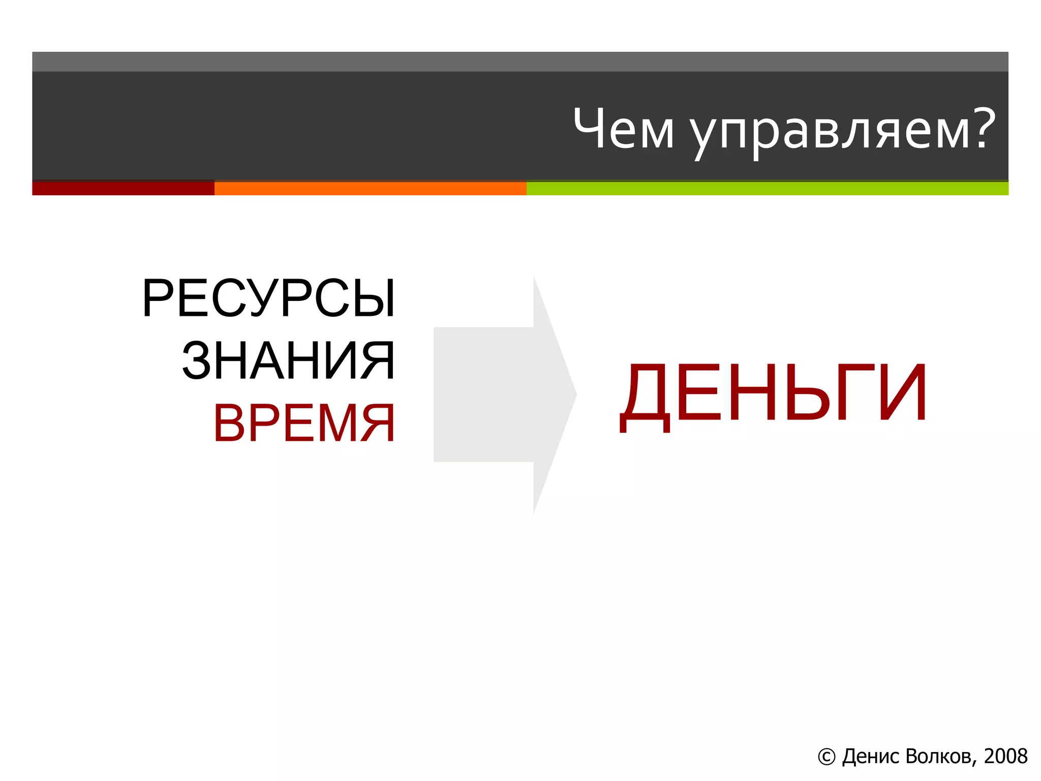 Чем управляем?

РЕСУРСЫ
 ЗНАНИЯ
  ВРЕМЯ    ДЕНЬГИ



                  © Денис Волков, 2008
 