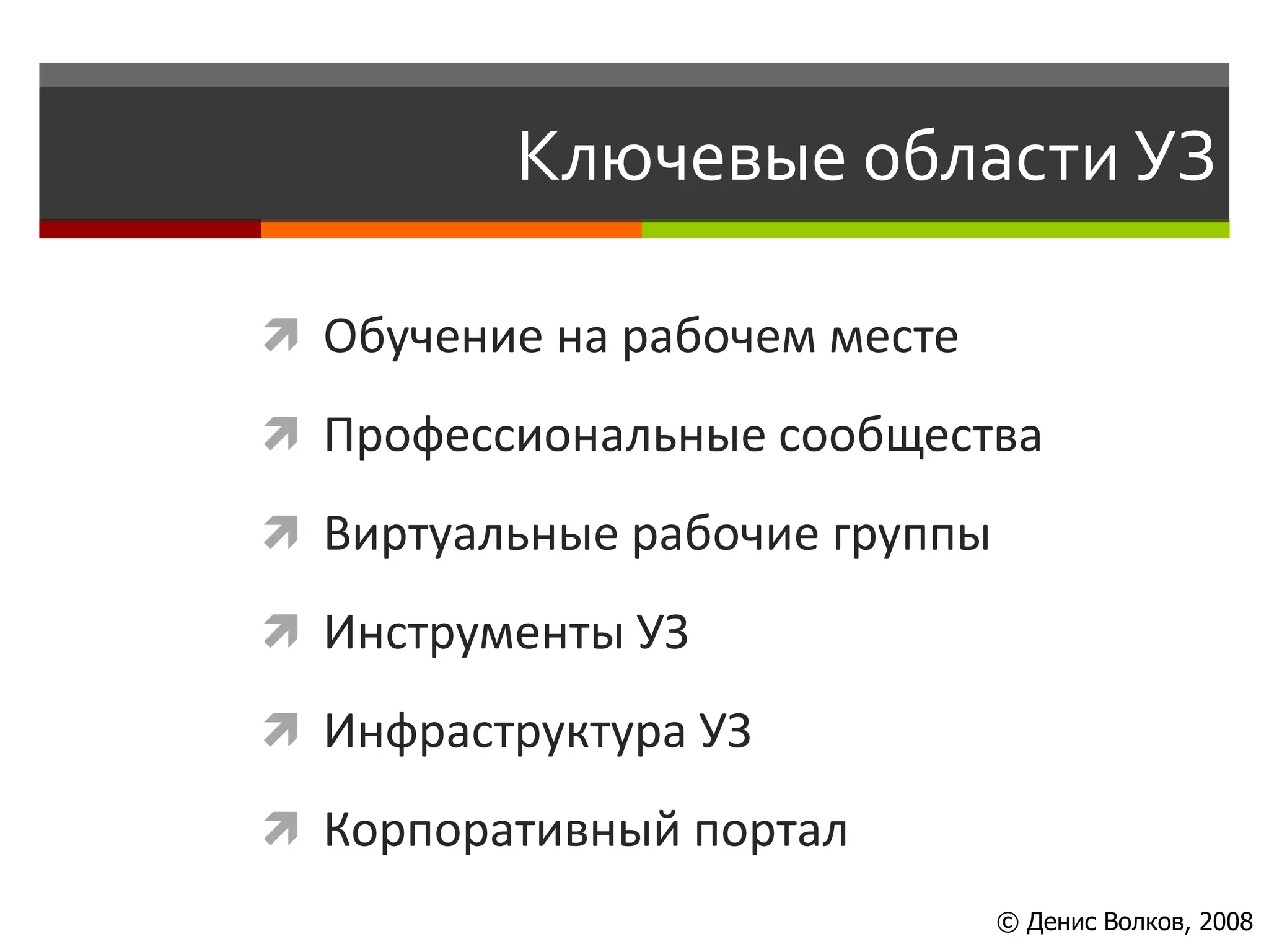 Ключевые области УЗ

 Обучение на рабочем месте

 Профессиональные сообщества

 Виртуальные рабочие группы

 Инструменты УЗ

 Инфраструктура УЗ

 Корпоративный портал
                               © Денис Волков, 2008
 