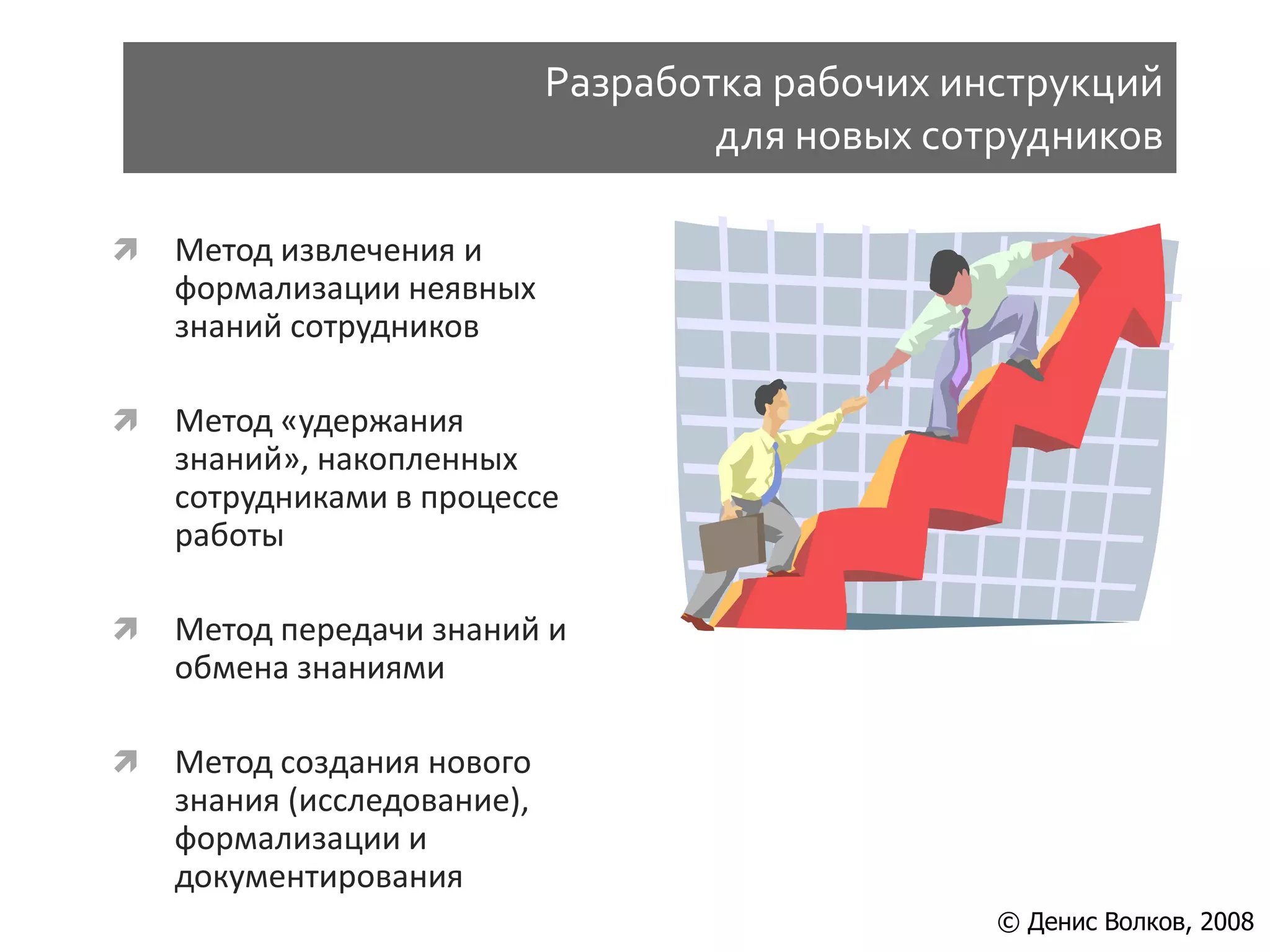 Разработка рабочих инструкций
                                     для новых сотрудников

   Метод извлечения и
    формализации неявных
    знаний сотрудников

   Метод «удержания
    знаний», накопленных
    сотрудниками в процессе
    работы

   Метод передачи знаний и
    обмена знаниями

   Метод создания нового
    знания (исследование),
    формализации и
    документирования
                                                  © Денис Волков, 2008
 