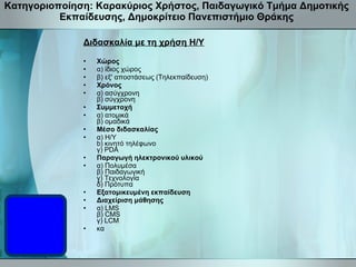 Κατηγοριοποίηση: Καρακύριος Χρήστος, Παιδαγωγικό Τμήμα Δημοτικής Εκπαίδευσης, Δημοκρίτειο Πανεπιστήμιο Θράκης Διδασκαλία με τη χρήση Η/Υ Χώρος α) ίδιος χώρος β) εξ' αποστάσεως (Τηλεκπαίδευση) Χρόνος α) ασύγχρονη β) σύγχρονη Συμμετοχή α) ατομικά β) ομαδικά Μέσο διδασκαλίας α) H/Y b) κινητό τηλέφωνο γ) PDA Παραγωγή ηλεκτρονικού υλικού α) Πολυμέσα β) Παιδαγωγική γ) Τεχνολογία δ) Πρότυπα Εξατομικευμένη εκπαίδευση Διαχείριση μάθησης α) LMS β) CMS γ) LCM κα 