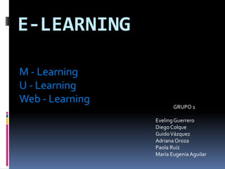 E-LEARNING M - Learning U - Learning Web - Learning GRUPO 1 Eveling Guerrero Diego Colque Guido Vázquez Adriana Oroza Paola Ruiz María Eugenia Aguilar 