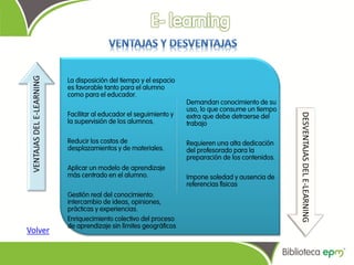 VENTAJAS DEL E-LEARNING



                           La disposición del tiempo y el espacio
                           es favorable tanto para el alumno
                           como para el educador.
                                                                    Demandan conocimiento de su
                                                                    uso, lo que consume un tiempo
                           Facilitar al educador el seguimiento y




                                                                                                     DESVENTAJAS DEL E-LEARNING
                                                                    extra que debe detraerse del
                           la supervisión de los alumnos.           trabajo

                           Reducir los costos de                    Requieren una alta dedicación
                           desplazamientos y de materiales.         del profesorado para la
                                                                    preparación de los contenidos.
                           Aplicar un modelo de aprendizaje
                           más centrado en el alumno.               Impone soledad y ausencia de
                                                                    referencias físicas
                           Gestión real del conocimiento:
                           intercambio de ideas, opiniones,
                           prácticas y experiencias.
                           Enriquecimiento colectivo del proceso
                           de aprendizaje sin límites geográficos
Volver
 