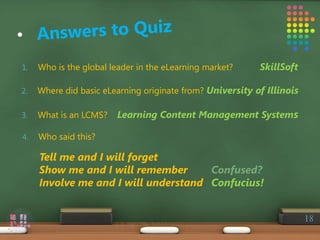 18
1. Who is the global leader in the eLearning market? SkillSoft
2. Where did basic eLearning originate from? University of Illinois
3. What is an LCMS? Learning Content Management Systems
4. Who said this?
Tell me and I will forget
Show me and I will remember Confused?
Involve me and I will understand Confucius!
 