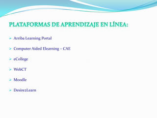  Arriba Learning Portal

 Computer Aided Elearning – CAE

 eCollege

 WebCT

 Moodle

 Desire2Learn
 