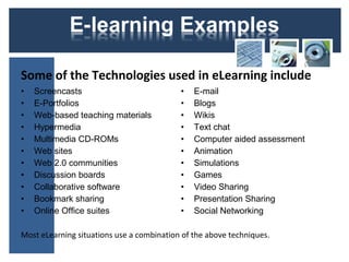 • Screencasts
• E-Portfolios
• Web-based teaching materials
• Hypermedia
• Multimedia CD-ROMs
• Web sites
• Web 2.0 communities
• Discussion boards
• Collaborative software
• Bookmark sharing
• Online Office suites
• E-mail
• Blogs
• Wikis
• Text chat
• Computer aided assessment
• Animation
• Simulations
• Games
• Video Sharing
• Presentation Sharing
• Social Networking
Some of the Technologies used in eLearning include
Most eLearning situations use a combination of the above techniques.
 