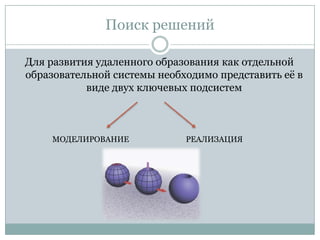 Поиск решений
Для развития удаленного образования как отдельной
образовательной системы необходимо представить еѐ в
виде двух ключевых подсистем
МОДЕЛИРОВАНИЕ РЕАЛИЗАЦИЯ
 