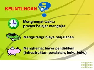 KEUNTUNGAN
Menghemat waktu
proses belajar mengajar
Mengurangi biaya perjalanan
Menghemat biaya pendidikan
(infrastruktur, peralatan, buku-buku)

 
