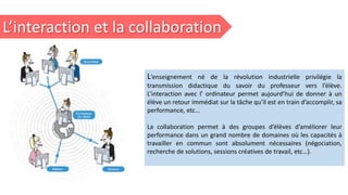 L’interaction et la collaboration
L’enseignement né de la révolution industrielle privilégie la
transmission didactique du savoir du professeur vers l’élève.
L’interaction avec l’ ordinateur permet aujourd’hui de donner à un
élève un retour immédiat sur la tâche qu’il est en train d’accomplir, sa
performance, etc…
La collaboration permet à des groupes d’élèves d’améliorer leur
performance dans un grand nombre de domaines où les capacités à
travailler en commun sont absolument nécessaires (négociation,
recherche de solutions, sessions créatives de travail, etc…).
 