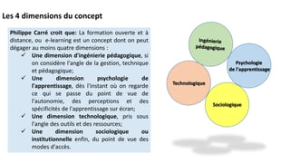 Psychologie
de l'apprentissage
Technologique
Sociologique
Les 4 dimensions du concept
Philippe Carré croit que: La formation ouverte et à
distance, ou e-learning est un concept dont on peut
dégager au moins quatre dimensions :
 Une dimension d'ingénierie pédagogique, si
on considère l'angle de la gestion, technique
et pédagogique;
 Une dimension psychologie de
l'apprentissage, dès l'instant où on regarde
ce qui se passe du point de vue de
l'autonomie, des perceptions et des
spécificités de l'apprentissage sur écran;
 Une dimension technologique, pris sous
l'angle des outils et des ressources;
 Une dimension sociologique ou
institutionnelle enfin, du point de vue des
modes d'accès.
 