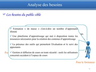 11
Pour l’apprenant
Analyse des besoins
Les besoins du public cible
 Un contenu interactif et attractif.
 Cours compréhensible et motivant pour l’apprentissage.
 Des contenus de formation sont accessibles n'importe où
et à tout moment.
Pour le formateur
 Formation « de masse » c'est-à-dire un nombre d’apprenants
illimité
 Une plateforme d’apprentissage qui met à disposition toutes les
ressources nécessaires pour la création des contenus d’apprentissage
 La présence des outils qui permettent l'évaluation et le suivi des
apprenants
 Gestion et diffusion de cours en toute sécurité : seuls les utilisateurs
concernés accèdent à l’espace de cours
 
