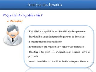 14
 Flexibilité et adaptabilités les disponibilités des apprenants
 Individualisation et ajustement des parcours de formation
 Support de formation actualisable
 Evaluation des pré-requis et suivi régulier des apprenants
 Développer les possibilités d'apprentissage coopératif entre les
apprenants
 Assurer un suivi et un contrôle de la formation plus efficaces
Analyse des besoins
 Formateur
Que cherche le public cible ?
 