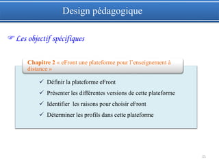 21
Design pédagogique
Les objectif spécifiques
 Définir la plateforme eFront
 Présenter les différentes versions de cette plateforme
 Identifier les raisons pour choisir eFront
 Déterminer les profils dans cette plateforme
Chapitre 2 « eFront une plateforme pour l’enseignement à
distance »
 