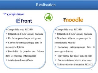 35
Compatible avec SCORM
 Intégration d’IMS Content Package
 Un thème pour chaque navigateur
 Correcteur orthographique dans le
messagerie Interne
 Possibilité de joindre des fichiers
dans les message (Messagerie)
 Attribution des certificats
Compatible avec SCORM
 Intégration d’IMS Content Package
 Nombreux thèmes proposés par la
communauté Moodle
 Correcteur orthographique dans le
messagerie Interne .
 Sauvegarde des traces dans le chat
 Documentation claire et structurée
 Taille de fichiers importés ( 512MO)
Réalisation
Comparaison
 