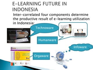Inter-correlated four components determine
the productive result of e-learning utilization
in Indonesia:
Technoware
Infoware
Orgaware
Humanware
 