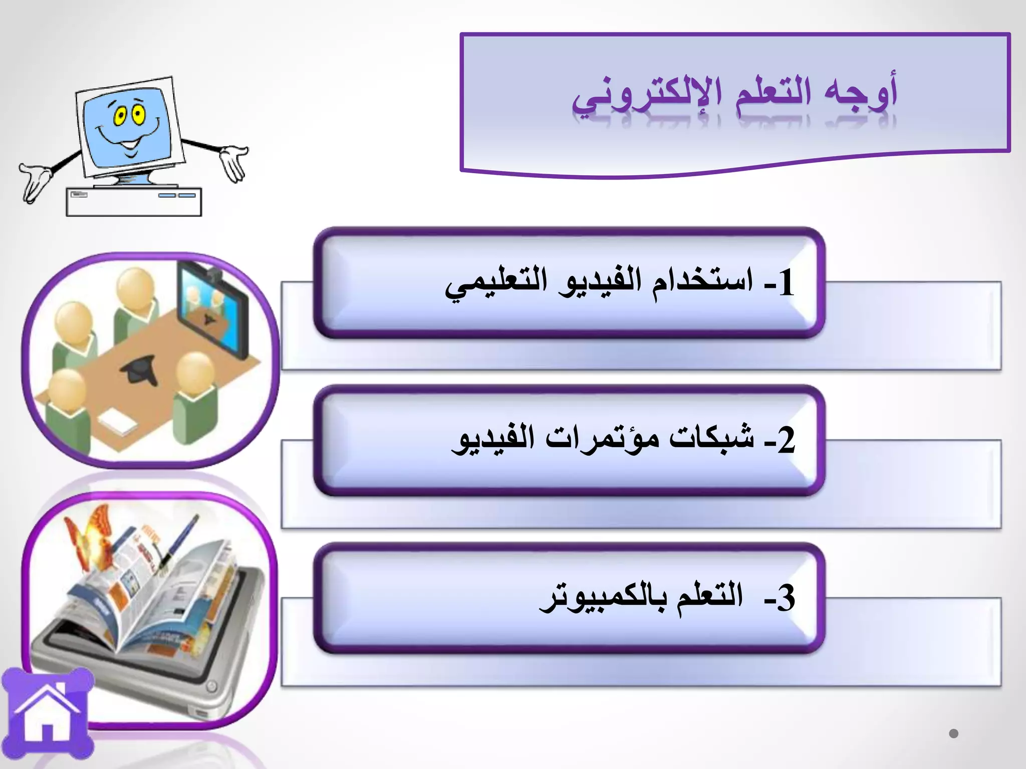 1-‫التعليمي‬ ‫الفيديو‬ ‫استخدام‬
2-‫الفيديو‬ ‫مؤتمرات‬ ‫شبكات‬
3-‫بالكمبيوتر‬ ‫التعلم‬
‫اإللكتروني‬ ‫التعلم‬ ‫أوجه‬
 