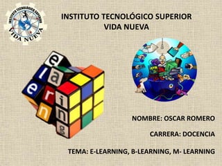 INSTITUTO TECNOLÓGICO SUPERIOR
VIDA NUEVA
NOMBRE: OSCAR ROMERO
CARRERA: DOCENCIA
TEMA: E-LEARNING, B-LEARNING, M- LEARNING
 
