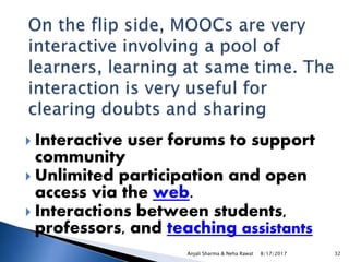  Interactive user forums to support
community
 Unlimited participation and open
access via the web.
 Interactions between students,
professors, and teaching assistants
8/17/2017Anjali Sharma & Neha Rawat 32
 