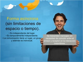 Forma asíncrona
(sin limitaciones de
espacio o tiempo).
Se transmiten mensajes sin
necesidad de coincidir entre el
emisor y receptor en la interacción
instantánea.
• Es independiente del lugar.
• Es temporalmente independiente.
• La comunicación tiene un lugar, un grupo
y además es individual.
 