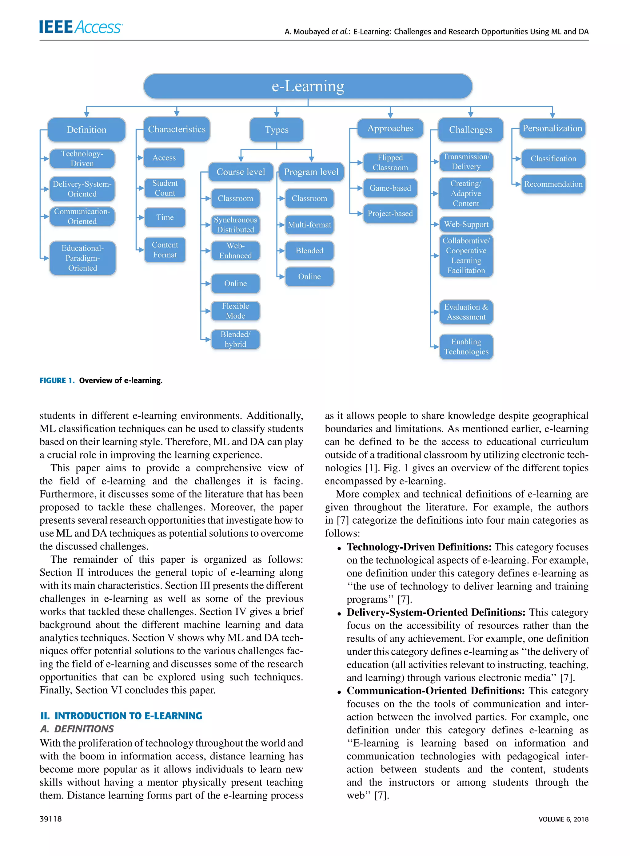 A. Moubayed et al.: E-Learning: Challenges and Research Opportunities Using ML and DA
FIGURE 1. Overview of e-learning.
students in different e-learning environments. Additionally,
ML classiﬁcation techniques can be used to classify students
based on their learning style. Therefore, ML and DA can play
a crucial role in improving the learning experience.
This paper aims to provide a comprehensive view of
the ﬁeld of e-learning and the challenges it is facing.
Furthermore, it discusses some of the literature that has been
proposed to tackle these challenges. Moreover, the paper
presents several research opportunities that investigate how to
use ML and DA techniques as potential solutions to overcome
the discussed challenges.
The remainder of this paper is organized as follows:
Section II introduces the general topic of e-learning along
with its main characteristics. Section III presents the different
challenges in e-learning as well as some of the previous
works that tackled these challenges. Section IV gives a brief
background about the different machine learning and data
analytics techniques. Section V shows why ML and DA tech-
niques offer potential solutions to the various challenges fac-
ing the ﬁeld of e-learning and discusses some of the research
opportunities that can be explored using such techniques.
Finally, Section VI concludes this paper.
II. INTRODUCTION TO E-LEARNING
A. DEFINITIONS
With the proliferation of technology throughout the world and
with the boom in information access, distance learning has
become more popular as it allows individuals to learn new
skills without having a mentor physically present teaching
them. Distance learning forms part of the e-learning process
as it allows people to share knowledge despite geographical
boundaries and limitations. As mentioned earlier, e-learning
can be deﬁned to be the access to educational curriculum
outside of a traditional classroom by utilizing electronic tech-
nologies [1]. Fig. 1 gives an overview of the different topics
encompassed by e-learning.
More complex and technical deﬁnitions of e-learning are
given throughout the literature. For example, the authors
in [7] categorize the deﬁnitions into four main categories as
follows:
• Technology-Driven Deﬁnitions: This category focuses
on the technological aspects of e-learning. For example,
one deﬁnition under this category deﬁnes e-learning as
‘‘the use of technology to deliver learning and training
programs’’ [7].
• Delivery-System-Oriented Deﬁnitions: This category
focus on the accessibility of resources rather than the
results of any achievement. For example, one deﬁnition
under this category deﬁnes e-learning as ‘‘the delivery of
education (all activities relevant to instructing, teaching,
and learning) through various electronic media’’ [7].
• Communication-Oriented Deﬁnitions: This category
focuses on the the tools of communication and inter-
action between the involved parties. For example, one
deﬁnition under this category deﬁnes e-learning as
‘‘E-learning is learning based on information and
communication technologies with pedagogical inter-
action between students and the content, students
and the instructors or among students through the
web’’ [7].
39118 VOLUME 6, 2018
 