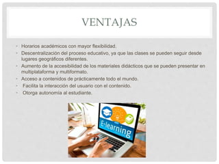 VENTAJAS
• Horarios académicos con mayor flexibilidad.
• Descentralización del proceso educativo, ya que las clases se pueden seguir desde
lugares geográficos diferentes.
• Aumento de la accesibilidad de los materiales didácticos que se pueden presentar en
multiplataforma y multiformato.
• Acceso a contenidos de prácticamente todo el mundo.
• Facilita la interacción del usuario con el contenido.
• Otorga autonomía al estudiante.
 
