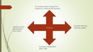 Purpose
To increase spare energy from
student on material that learned
Increase active
participation
from them
Increase independent
learn skills
Increase learning
material quality
 