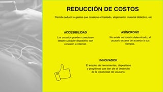 REDUCCIÓN DE COSTOS
Permite reducir lo gastos que ocasiona el traslado, alojamiento, material didáctico, etc
ACCESIBILIDAD
Los usuarios pueden conectarse
desde cualquier dispositivo con
conexión a internet.
ASÍNCRONO
No existe un horario determinado, el
ususario accese de acuerdo a sus
tiempos.
INNOVADOR
El empleo de herramientas, dispositivos
y programas que dan pie al desarrollo
de la creatividad del ususario.