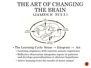  The Learning Cycle: Sense → Integrate → Act 
 Learning originates with concrete sensory experience 
 Reflective observation integrates inputs in patterns 
and develops generalizations or abstract hypotheses 
 Active learning tests the results of motor output 
 