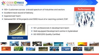 Operations
❖ 50+ professionals in development team
❖ Well equipped Development centre in Hyderabad
❖ ISO 9001:2015 Quality Certified
Performance
❖ 100+ Customers across a broad spectrum of industries and sectors
❖ Excellent track record of Delivery
❖ Experienced Team
❖ Delivered 50+ IETM projects and 5000 Hours of e-Learning content /CBT
 