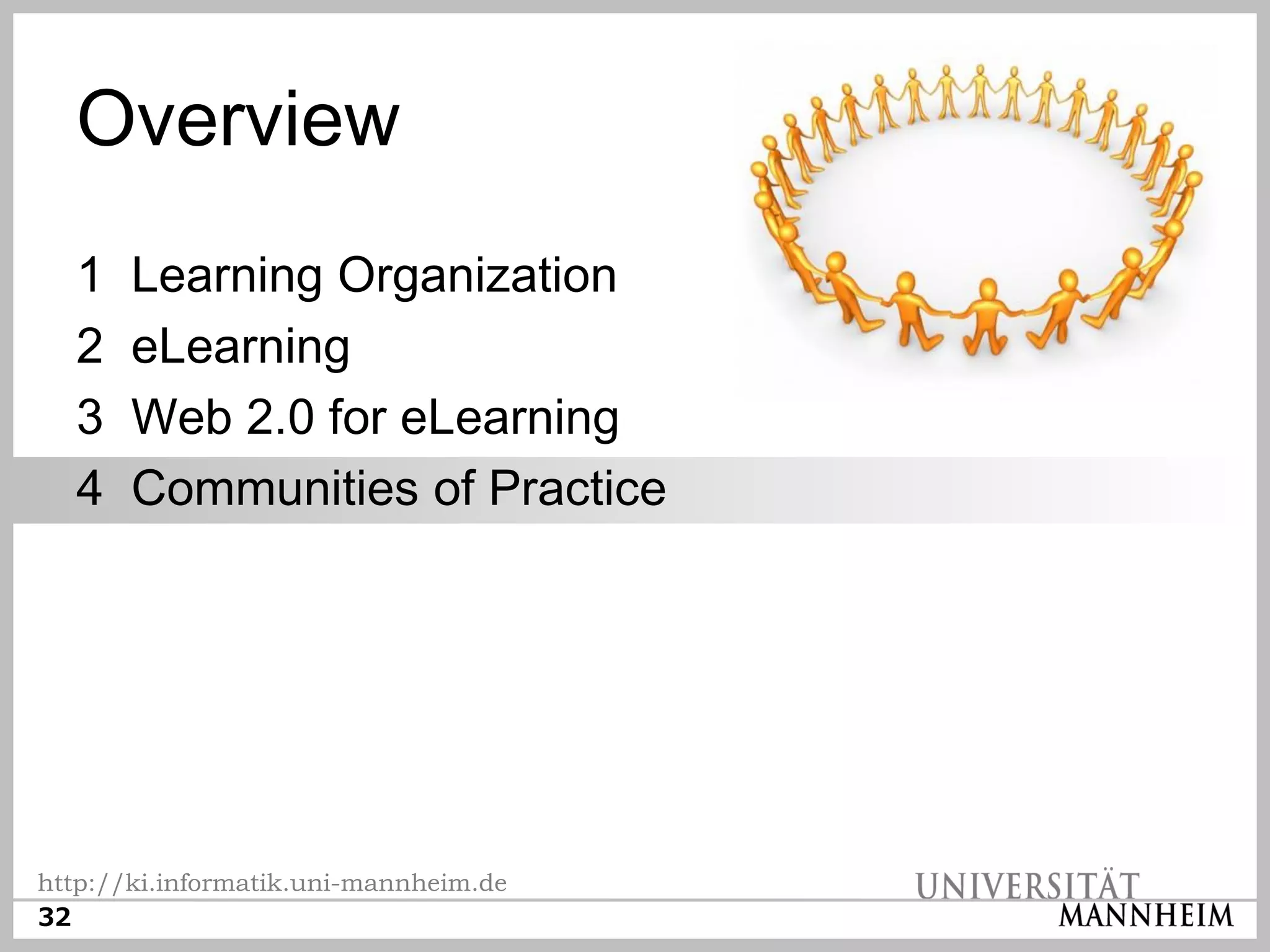 Overview
  1    Learning Organization
  2    eLearning
  3    Web 2.0 for eLearning
  4    Communities of Practice




http://ki.informatik.uni-mannheim.de
32
 