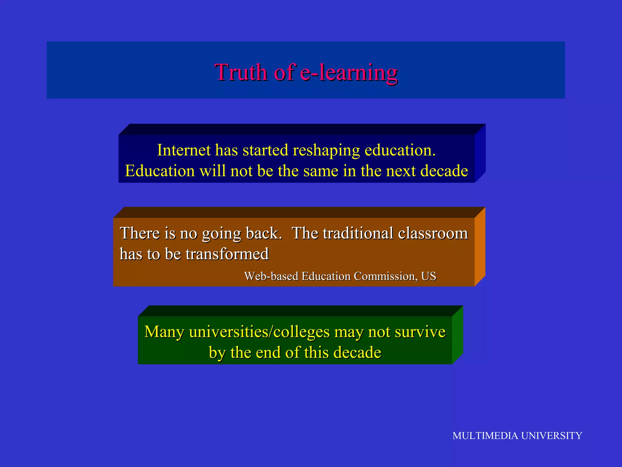 Truth of e-learning
Internet has started reshaping education.
Education will not be the same in the next decade
There is no going back. The traditional classroom
has to be transformed
Web-based Education Commission, US

Many universities/colleges may not survive
by the end of this decade

MULTIMEDIA UNIVERSITY

 