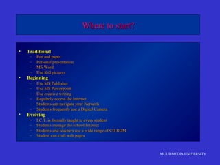 MULTIMEDIA UNIVERSITY
Where to start?Where to start?
• TraditionalTraditional
– Pen and paperPen and paper
– Personal presentationPersonal presentation
– MS WordMS Word
– Use Kid picturesUse Kid pictures
• BeginningBeginning
– Use MS PublisherUse MS Publisher
– Use MS PowerpointUse MS Powerpoint
– Use creative writingUse creative writing
– Regularly access the InternetRegularly access the Internet
– Students can navigate your NetworkStudents can navigate your Network
– Students frequently use a Digital CameraStudents frequently use a Digital Camera
• EvolvingEvolving
– I.C.T. is formally taught to every studentI.C.T. is formally taught to every student
– Students manage the school InternetStudents manage the school Internet
– Students and teachers use a wide range of CD ROMStudents and teachers use a wide range of CD ROM
– Student can craft web pagesStudent can craft web pages
 