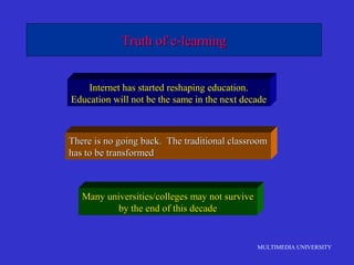 MULTIMEDIA UNIVERSITY
Truth of e-learningTruth of e-learning
Internet has started reshaping education.
Education will not be the same in the next decade
There is no going back. The traditional classroomThere is no going back. The traditional classroom
has to be transformedhas to be transformed
Many universities/colleges may not surviveMany universities/colleges may not survive
by the end of this decadeby the end of this decade
 