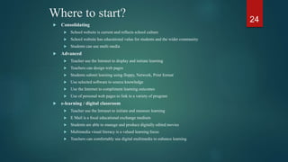 Where to start?
 Consolidating
 School website is current and reflects school culture
 School website has educational value for students and the wider community
 Students can use multi media
 Advanced
 Teacher use the Intranet to display and initiate learning
 Teachers can design web pages
 Students submit learning using floppy, Network, Print format
 Use selected software to source knowledge
 Use the Internet to compliment learning outcomes
 Use of personal web pages to link to a variety of program
 e-learning / digital classroom
 Teacher use the Intranet to initiate and measure learning
 E Mail is a focal educational exchange medium
 Students are able to manage and produce digitally edited movies
 Multimedia visual literacy is a valued learning focus
 Teachers can comfortably use digital multimedia to enhance learning
24
 