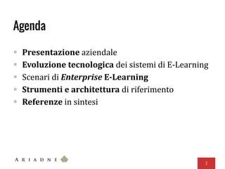 Agenda
 Presentazione aziendale
 Evoluzione tecnologica dei sistemi di E-Learning
 Scenari di Enterprise E-Learning
 Strumenti e architettura di riferimento
 Referenze in sintesi
2
 