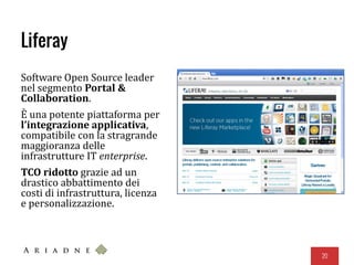 Liferay
Software Open Source leader
nel segmento Portal &
Collaboration.
È una potente piattaforma per
l’integrazione applicativa,
compatibile con la stragrande
maggioranza delle
infrastrutture IT enterprise.
TCO ridotto grazie ad un
drastico abbattimento dei
costi di infrastruttura, licenza
e personalizzazione.
20
 