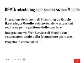 KPMG: refactoring e personalizzazioni Moodle
Migrazione dei sistemi di E-Learning da Oracle
iLearning a Moodle, refactoring delle estensioni
realizzate per la gestione delle carriere.
Integrazione via Web Services di Moodle con il
sistema gestionale della formazione già in uso.
Progetto in corso dal 2011.
30
 