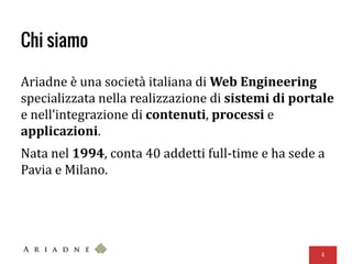 Chi siamo
Ariadne è una società italiana di Web Engineering
specializzata nella realizzazione di sistemi di portale
e nell’integrazione di contenuti, processi e
applicazioni.
Nata nel 1994, conta 40 addetti full-time e ha sede a
Pavia e Milano.
4
 