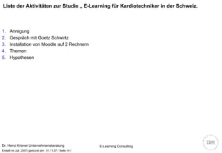 Liste der Aktivitäten zur Studie „ E-Learning für Kardiotechniker in der Schweiz.  Anregung Gespräch mit Goetz Schwirtz Installation von Moodle auf 2 Rechnern Themen Hypothesen 