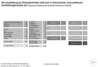 Die Ausbildung für Kardiotechniker teilt sich in theoretische und praktische Ausbildungsmodule auf. ( Auszug aus Webseite des Deutschen Herzzentrums Berlin ) 