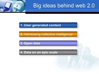 Big ideas behind web 2.0
1. User generated content
2. Harnessing collective intelligence
3. Open data
4. Data on an epic scale
 