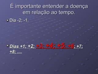 É importante entender a doença em relação ao tempo. Dia -2; -1. Dias +1;  +2 ;  +3;  +4; +5 ; +6 ; +7; +8; .... 