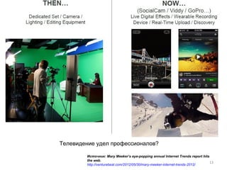Телевидение удел профессионалов?

        Источник: Mary Meeker’s eye-popping annual Internet Trends report hits
        the web.
                                                                               13
        http://venturebeat.com/2012/05/30/mary-meeker-internet-trends-2012/
 