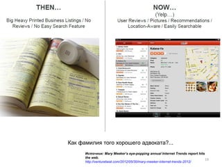 Как фамилия того хорошего адвоката?...
      Источник: Mary Meeker’s eye-popping annual Internet Trends report hits
      the web.
                                                                             19
      http://venturebeat.com/2012/05/30/mary-meeker-internet-trends-2012/
 