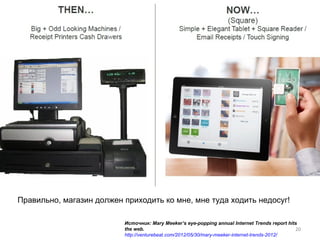 Правильно, магазин должен приходить ко мне, мне туда ходить недосуг!

                          Источник: Mary Meeker’s eye-popping annual Internet Trends report hits
                          the web.                                                             20
                          http://venturebeat.com/2012/05/30/mary-meeker-internet-trends-2012/
 