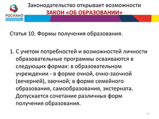 Законодательство открывает возможности
            ЗАКОН «ОБ ОБРАЗОВАНИИ»


Статья 10. Формы получения образования.

1. С учетом потребностей и возможностей личности
   образовательные программы осваиваются в
   следующих формах: в образовательном
   учреждении - в форме очной, очно-заочной
   (вечерней), заочной; в форме семейного
   образования, самообразования, экстерната.
   Допускается сочетание различных форм
   получения образования.
                                               51
 