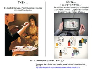 Искусство принадлежит народу!
     Источник: Mary Meeker’s eye-popping annual Internet Trends report hits
     the web.                                                               7
     http://venturebeat.com/2012/05/30/mary-meeker-internet-trends-2012/
 