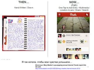 Я так хотела, чтобы мои чувства услышали…
          Источник: Mary Meeker’s eye-popping annual Internet Trends report hits
          the web.                                                                 9
          http://venturebeat.com/2012/05/30/mary-meeker-internet-trends-2012/
 