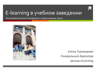 E-learning  в учебном заведении Последовательность внедрения и самые важные этапы Елена Тихомирова Генеральный директор Центр  eLearning 