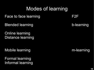 18
Virtual Learning Environment VLE
Learning Management System LMS
Learning Content Management System LCMS
Personal Learning Environment PLE
Virtual classroom VC
Integrated tools
 